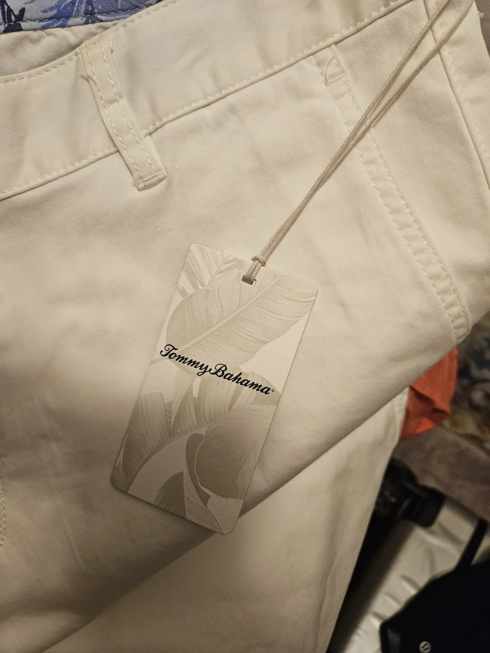 Tommy Bahama Cream Tote with Blue Patterned Trim and Aqua Ribbon